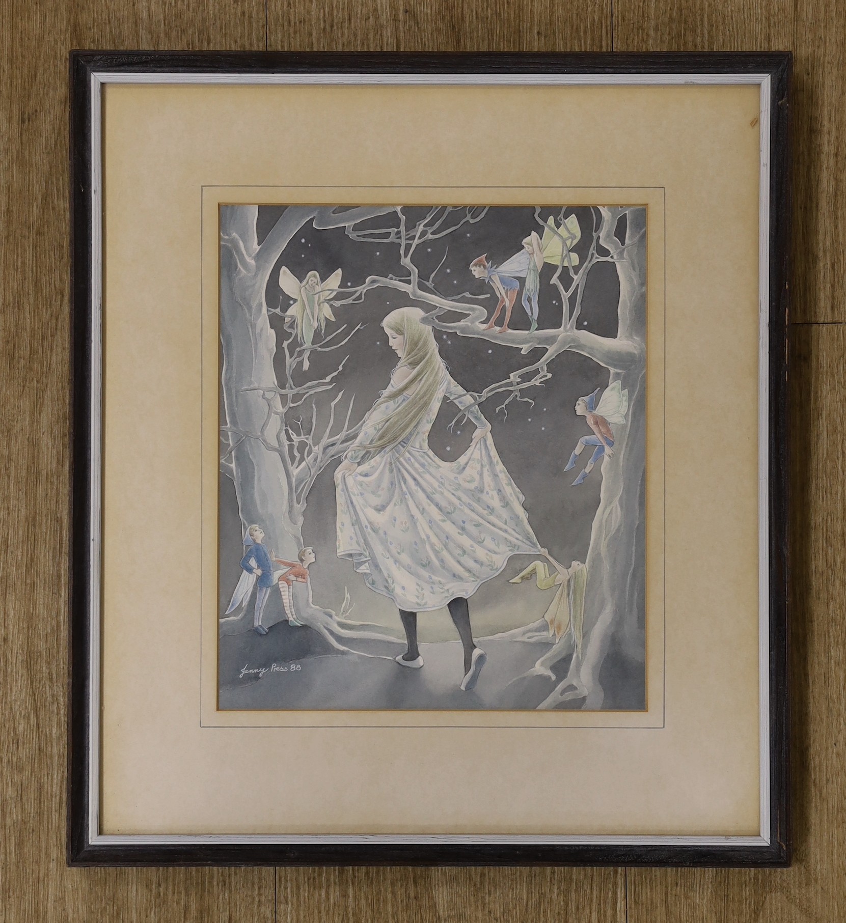 Jenny Press, watercolour, Girl and fairies in winter, signed and dated '88, 26 x 22cm